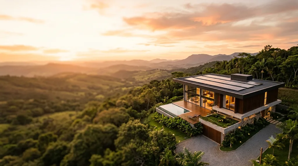 Casa com energia solar ao pôr do sol em Cascavel