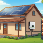 Casa residencial com painéis solares no telhado, inversor híbrido e banco de baterias empilhadas pra armazenamento de energia