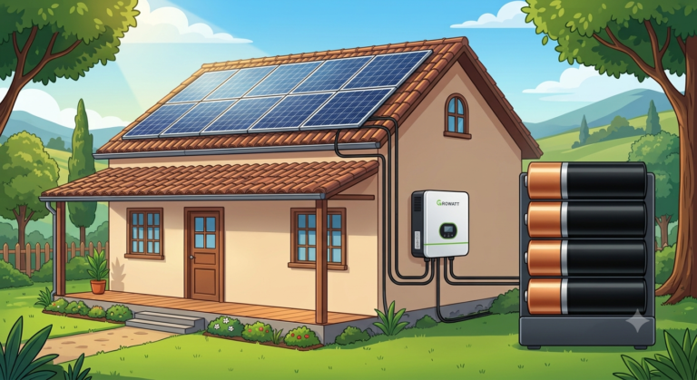 Casa residencial com painéis solares no telhado, inversor híbrido e banco de baterias empilhadas pra armazenamento de energia