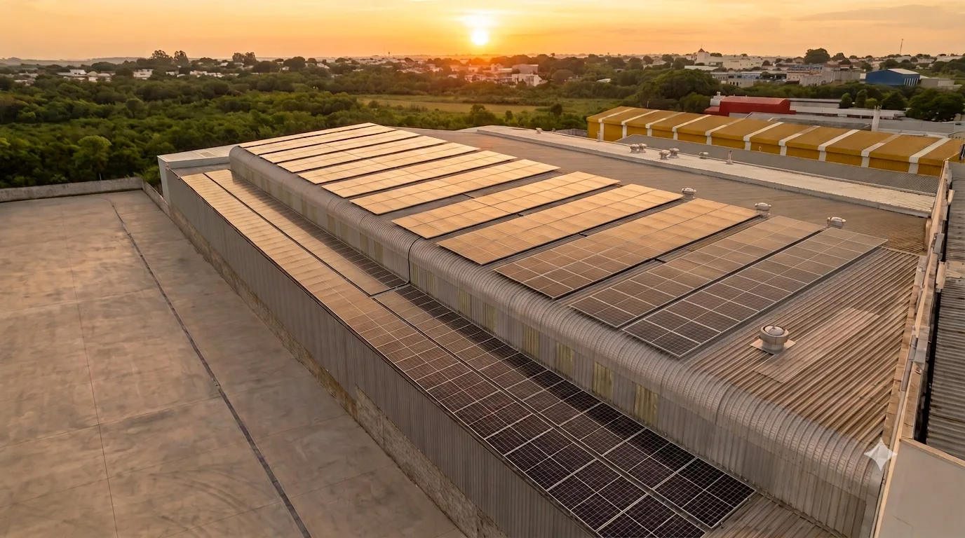Vista aérea de planta industrial com telhado coberto de painéis solares ao pôr do sol