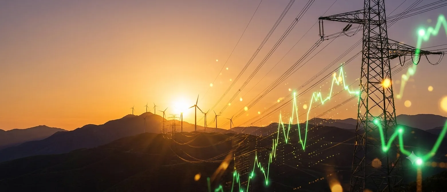 Torres de transmissão de energia e turbinas eólicas ao pôr do sol, representando o mercado livre de energia