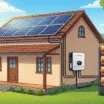 Casa residencial com painéis solares no telhado, inversor híbrido e banco de baterias empilhadas pra armazenamento de energia