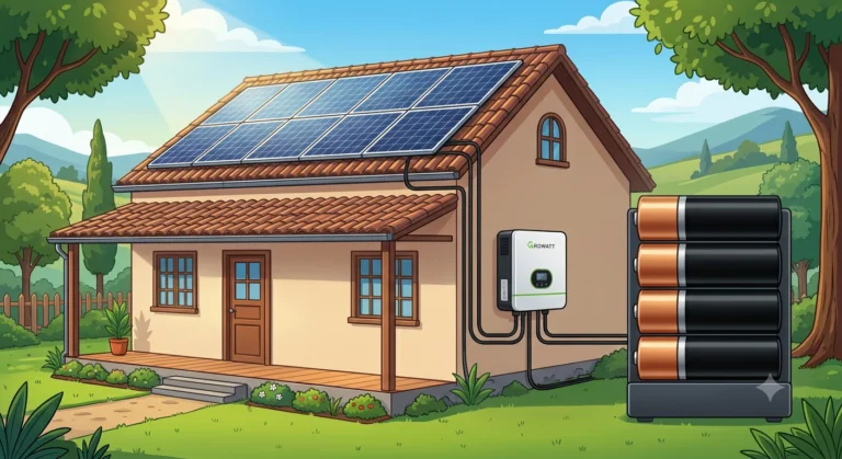 Casa residencial com painéis solares no telhado, inversor híbrido e banco de baterias empilhadas pra armazenamento de energia
