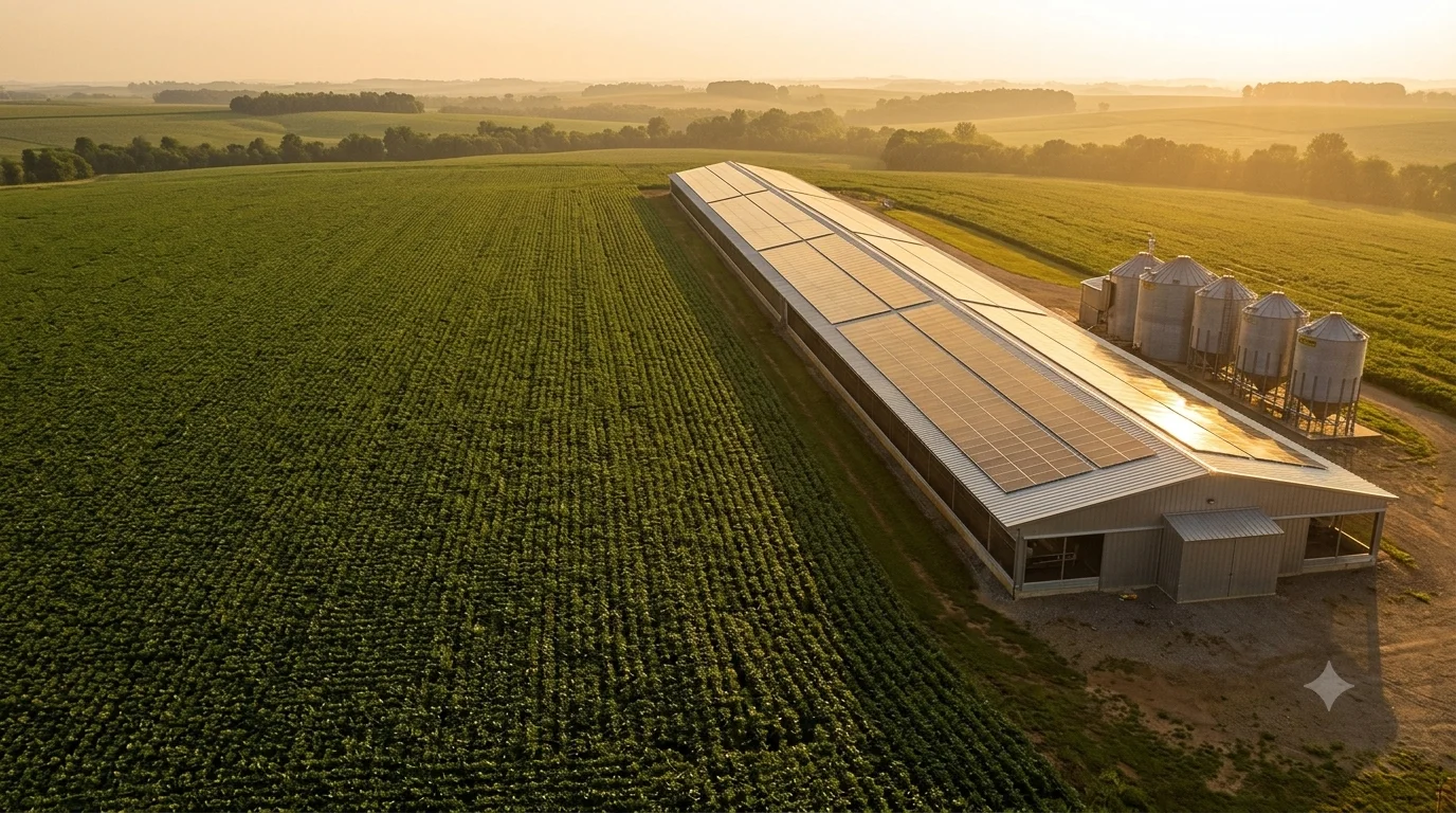 Galpão rural com painéis solares no telhado, silos de grãos e plantação ao pôr do sol